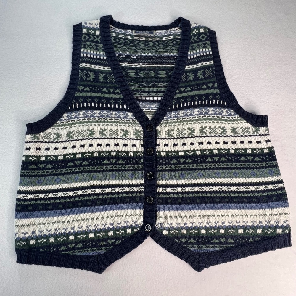 Erika Classics Womens Fair Isle Knit Button Front Sweater Vest Navy Blue Green